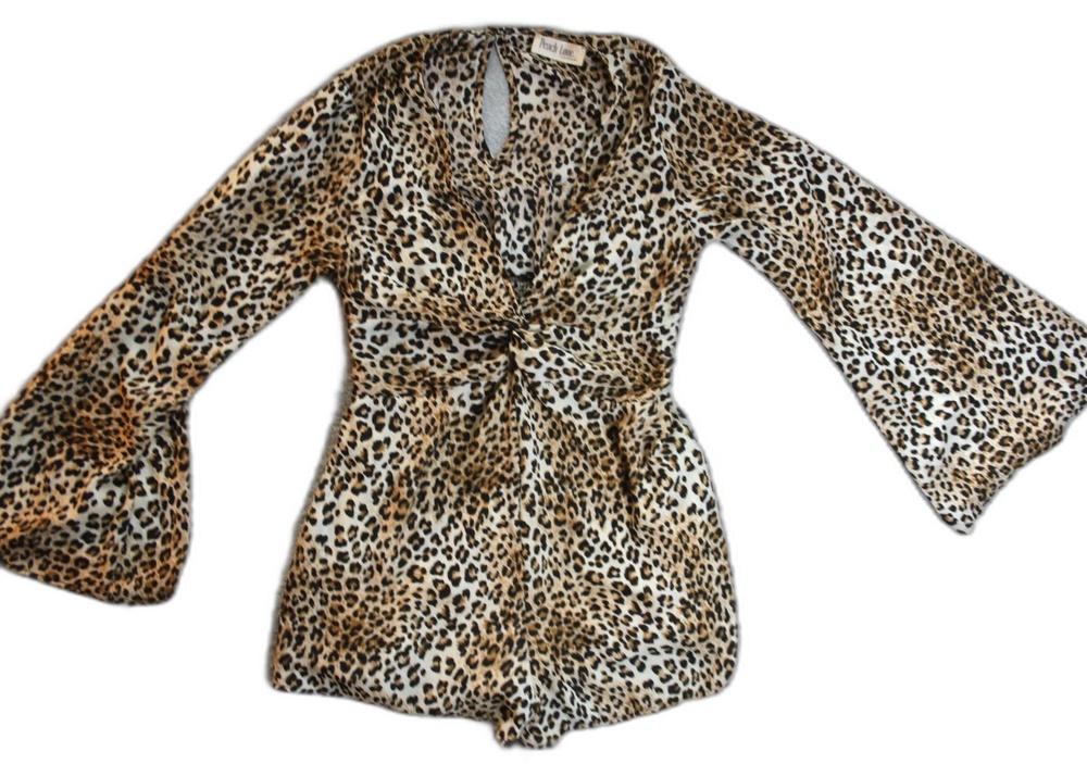 Peach Love Dress Womens S Brown Animal Print Fit & Flare V Neck Smocked